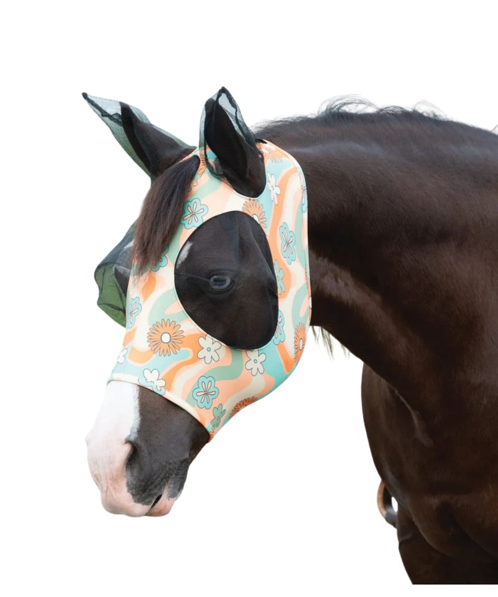 Horse model view of the Weaver equine lycra coolcore fly mask in retro flower