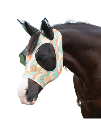 Horse model view of the Weaver equine lycra coolcore fly mask in retro flower