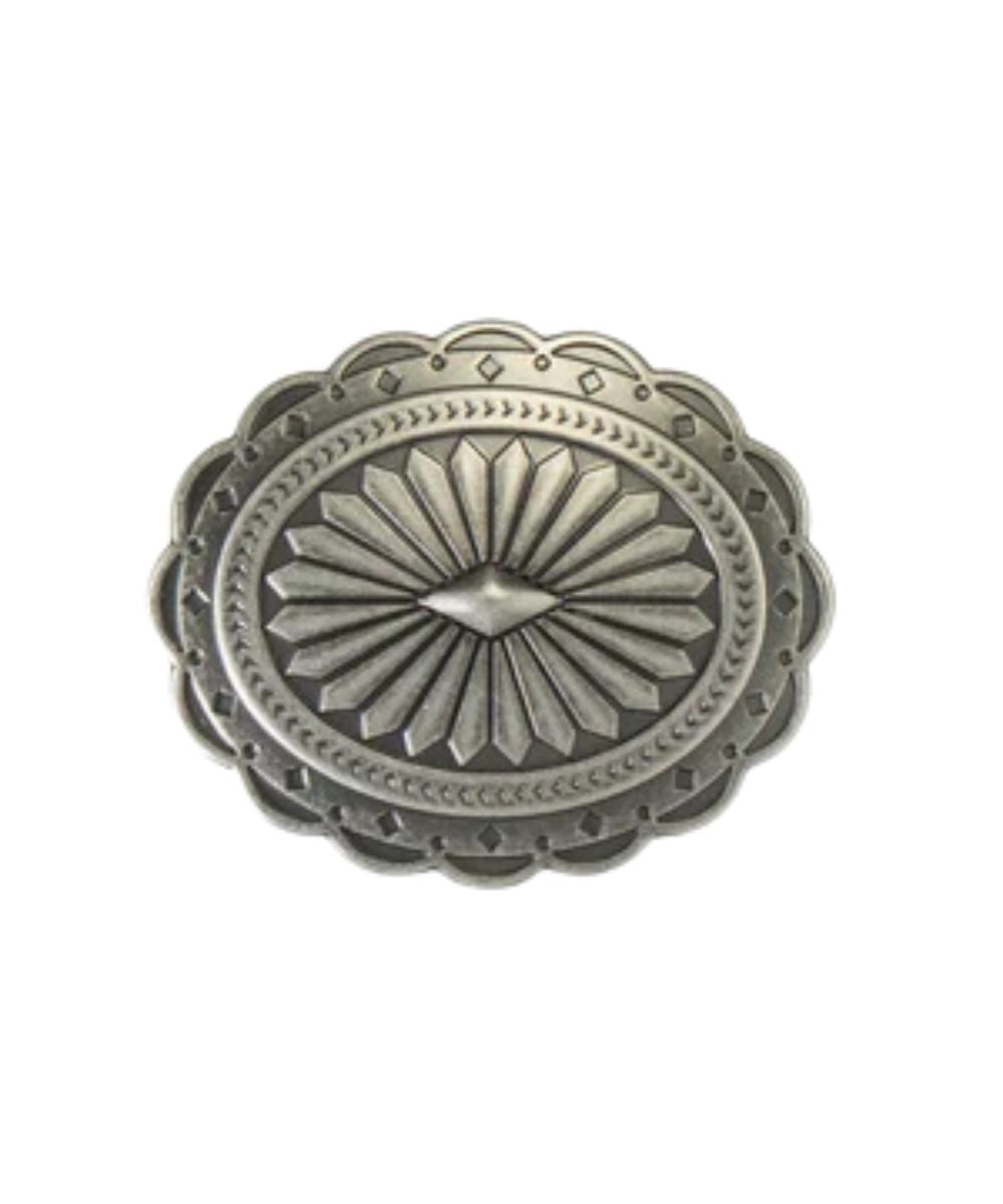 Women's Oval Belt Buckle Featuring An Antique Silver Finish, Diamond Center Surrounded By Small Engraved Arrows And Diamonds, And A Scalloped Edge