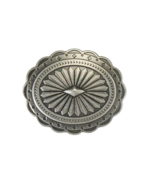 Women's Oval Belt Buckle Featuring An Antique Silver Finish, Diamond Center Surrounded By Small Engraved Arrows And Diamonds, And A Scalloped Edge