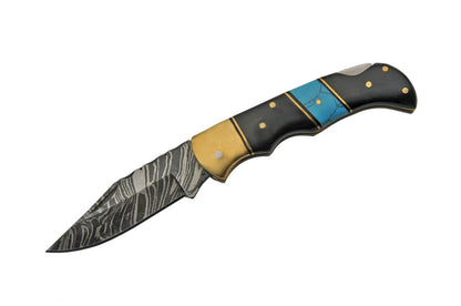 Damascus Hunting Turquoise Horn Handle Folding Knife