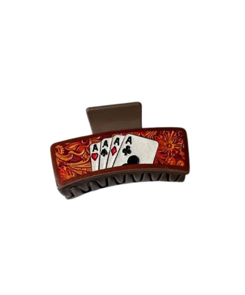 Side view of the women's claw clip featuring a 4 ace cards design