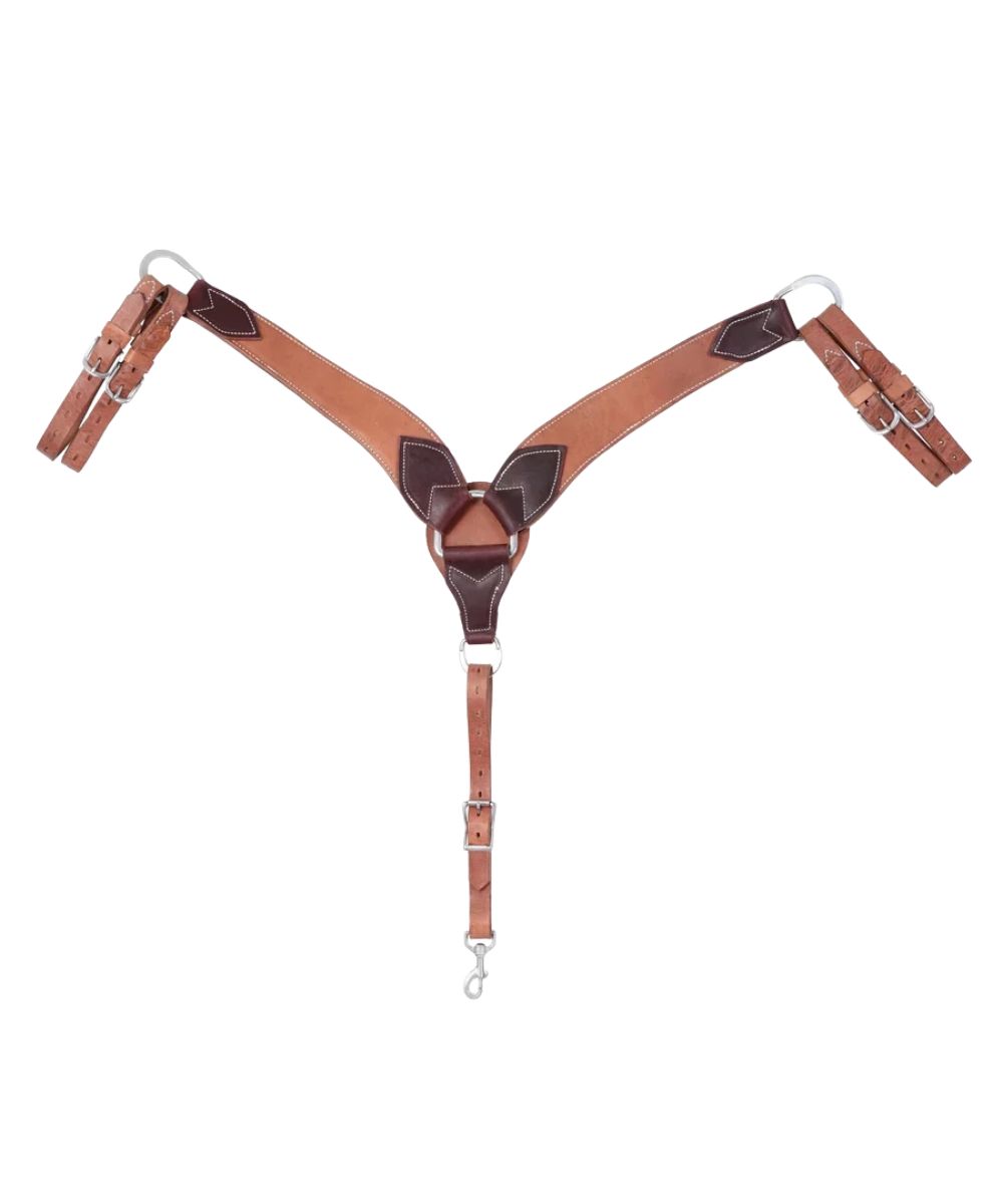 A brown leather Y-back harness with silver metal D-rings and snap hooks, displayed flat against a solid white background.