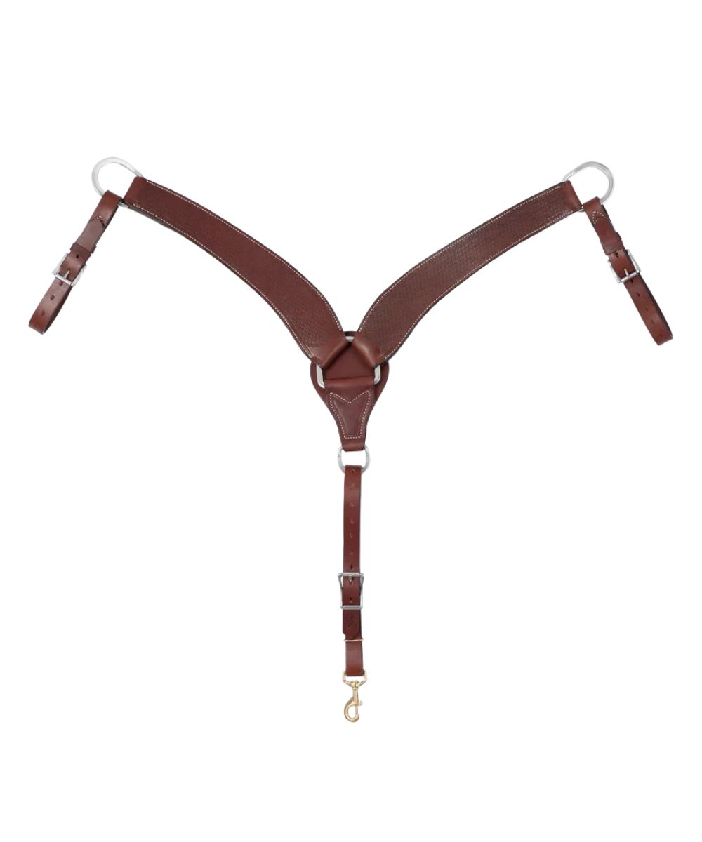 A brown leather Y-back harness with silver metal rings and a gold-tone snap hook, displayed against a solid white background.