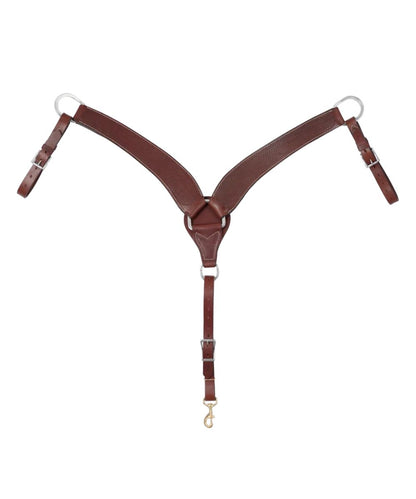 A brown leather Y-back harness with silver metal rings and a gold-tone snap hook, displayed against a solid white background.