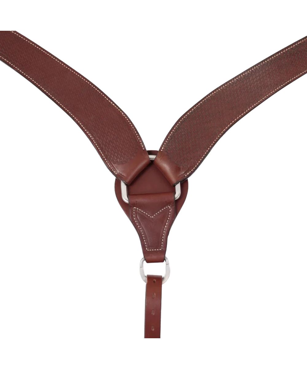 A brown leather harness with a textured finish, white contrast stitching, and silver metal hardware, shown against a plain white background.