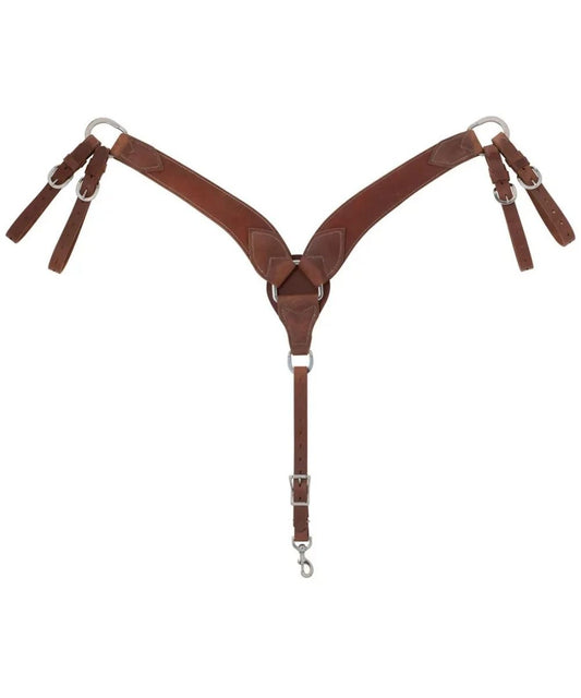A brown leather Y harness with silver metal hardware, including D-rings and buckles, shown against a plain white background.