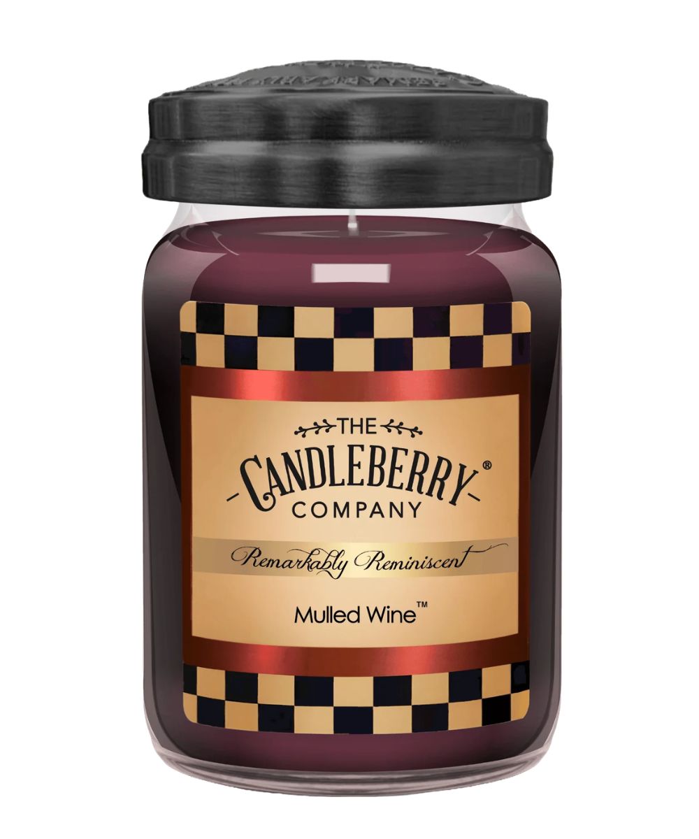 A jar candle with a black lid and a tan label reading 'The Candleberry Company' and 'Mulled Wine', shown on a plain white background.