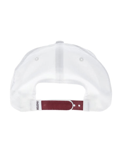 Back view of the white cap featuring the adjustable snapback closure, one size fits most