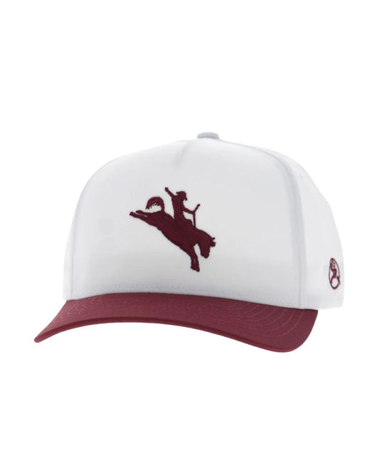 Left angled view of the unisex adult's Hooey Whit Trucker Snapback Cap featuring the white front with maroon bucking horse embroidery, a maroon curved bill, and white sides