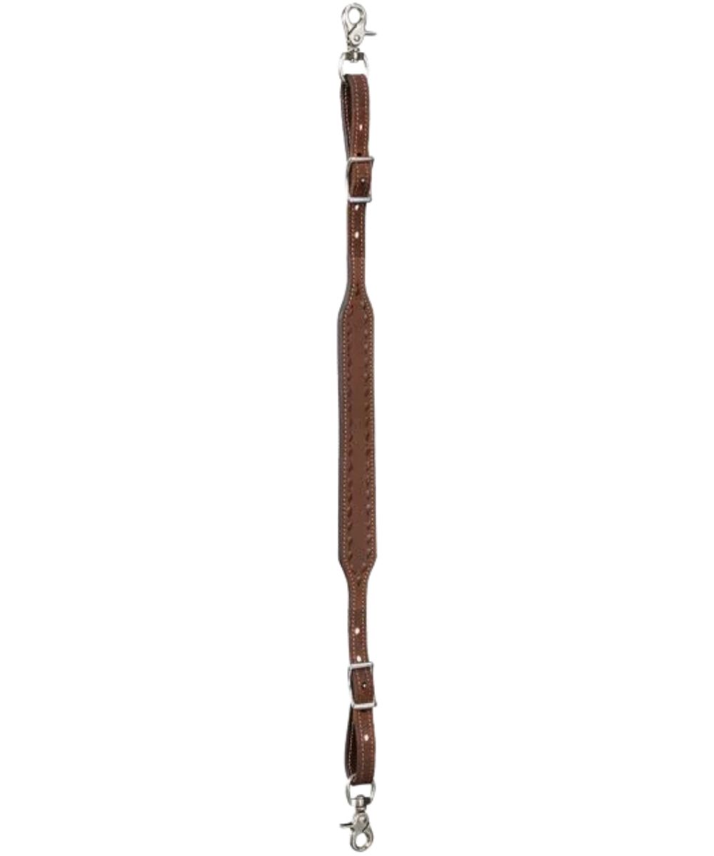Brown wither strap with stainless steel buckles on each end and decorative brown buckstitch detailing around it
