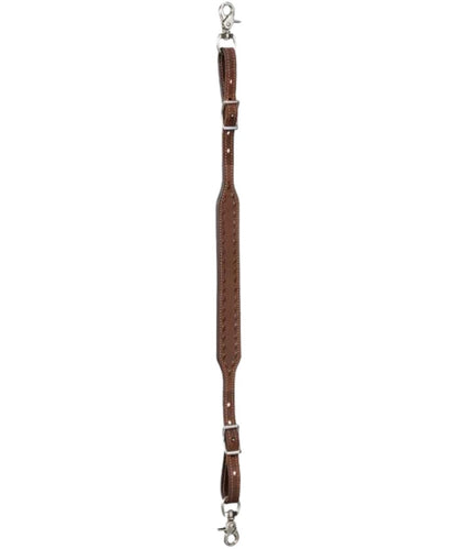 Brown wither strap with stainless steel buckles on each end and decorative brown buckstitch detailing around it