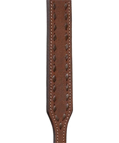 A close up of a brown wither strap with stainless steel buckles on each end and decorative brown buckstitch detailing around it