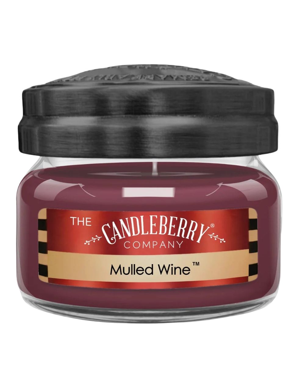 A single jar candle from The Candleberry Company in the 'Mulled Wine' scent. The candle has deep mulled wine red wax inside a clear glass jar, a black lid, and a red and gold label.