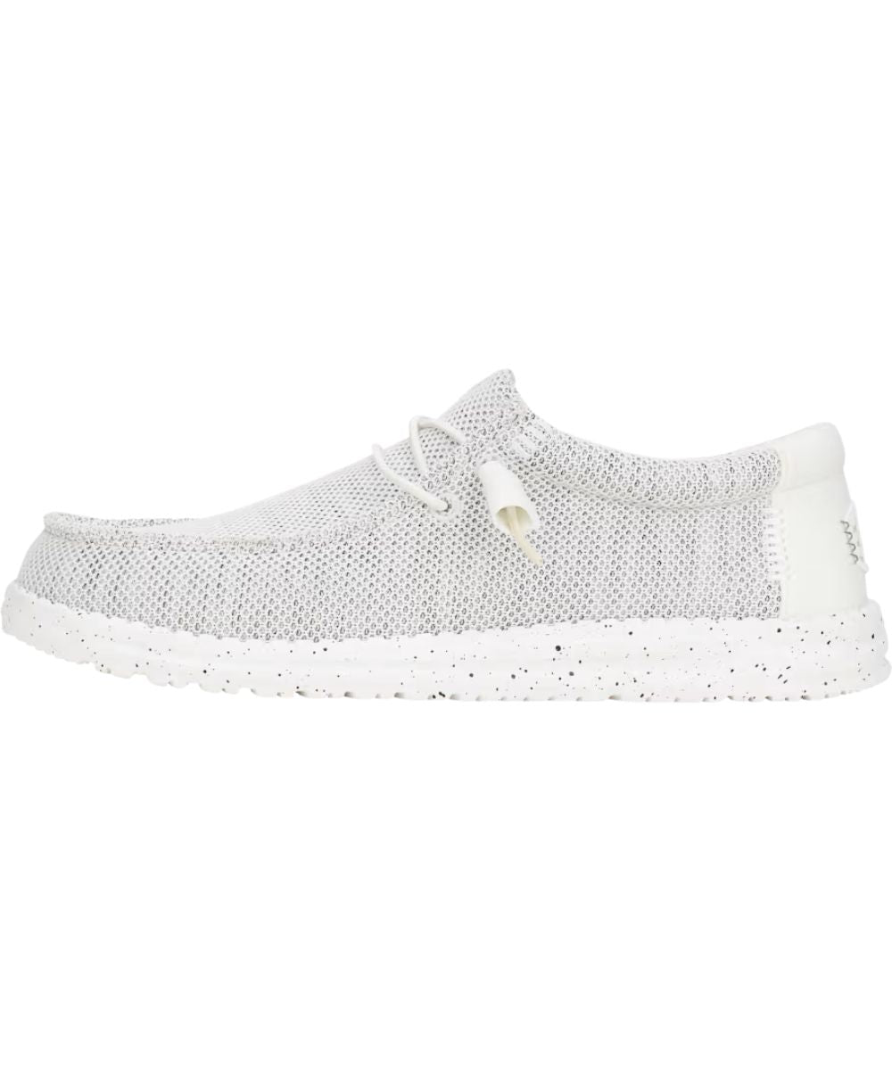 Left side view of the men's storm white wally stretch sox shoe