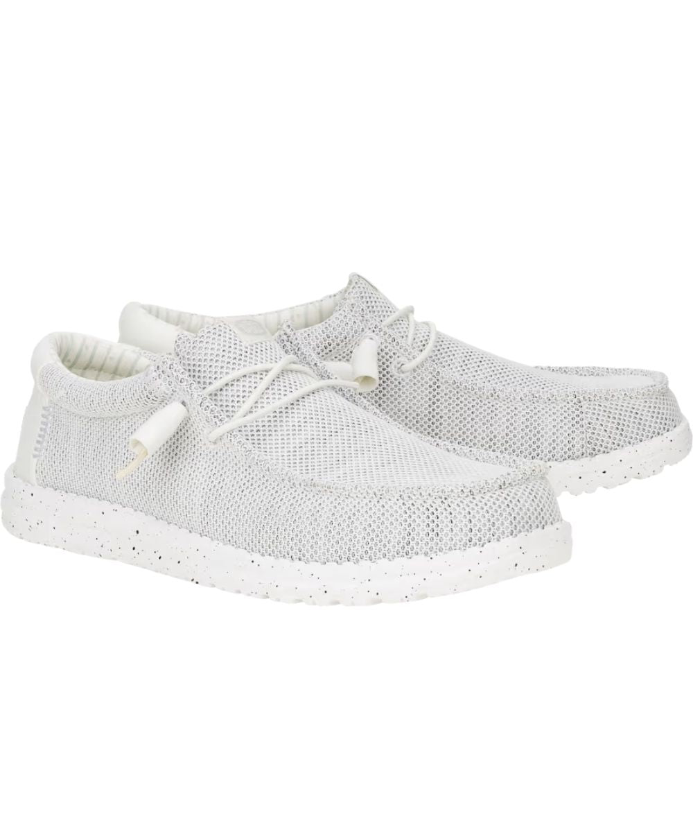 Right angled view of the men's storm white mesh wally sox shoe
