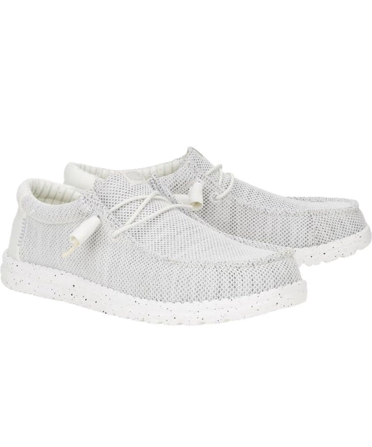 Right angled view of the men's storm white mesh wally sox shoe