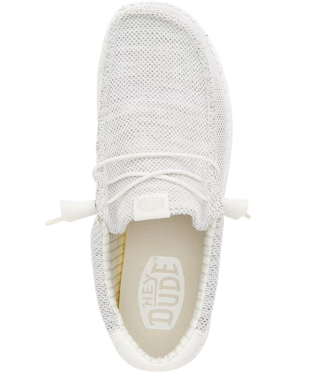 Birdseye view of the men's storm white wally stretch sox shoe featuring the moc toe, and slip-on elastic lace entry