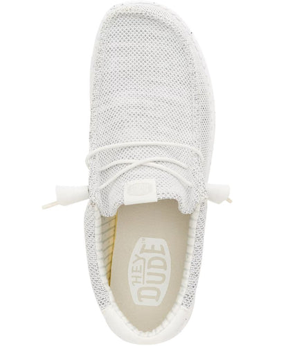 Birdseye view of the men's storm white wally stretch sox shoe featuring the moc toe, and slip-on elastic lace entry