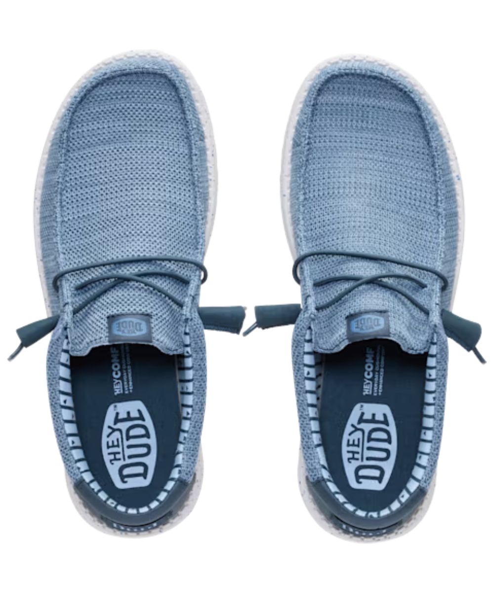 Aeriel view of the men's dark slate shoe featuring easy-on system with elastic laces and the moc toe