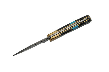 Damascus Hunting Turquoise Horn Handle Folding Knife
