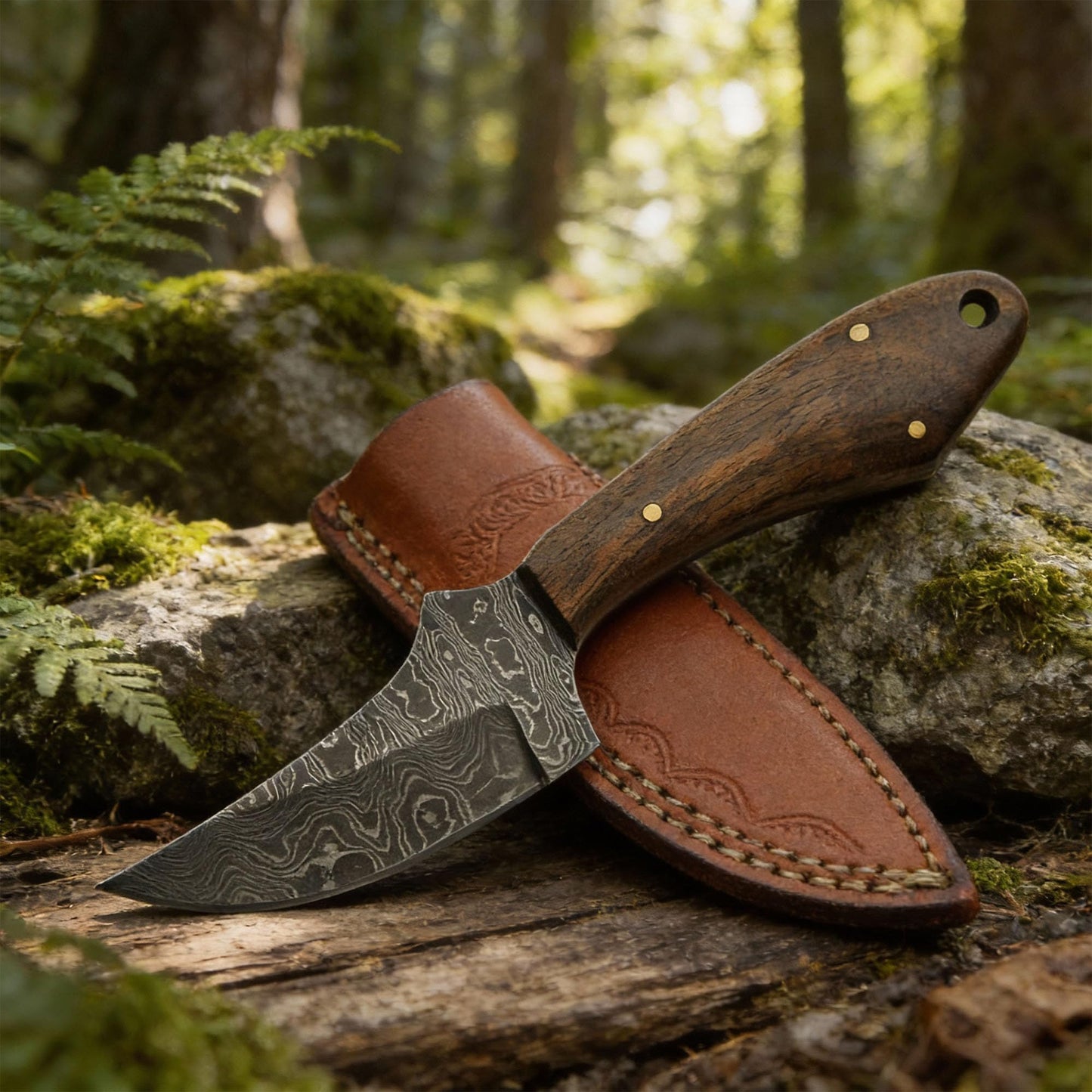 Double D Sanz Walnut Rhino Damascus Bowie Fixed Blade Knife