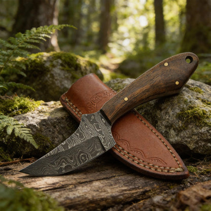 Double D Sanz Walnut Rhino Damascus Bowie Fixed Blade Knife