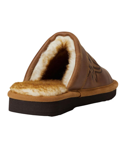 Rear angle view of men's leather slipper with slip-on design