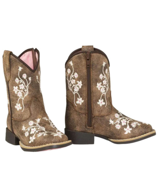 Toddler Girl's Brown/Grey Square Toe Boot Featuring White Flower Embroidered Accents And A Side Zipper For Easy On/Off