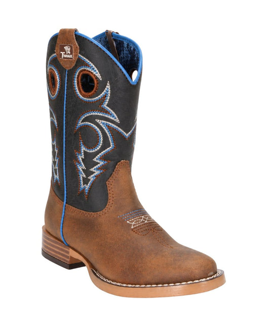 Boy's Square Toe Western Boot Featuring A Brown Vamp And Navy Blue Shaft With Bright Blue Piping, Western Stitching, And Pull Holes