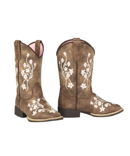 Girl's Brown/Grey Faux Leather Boot With White Floral Embroidery