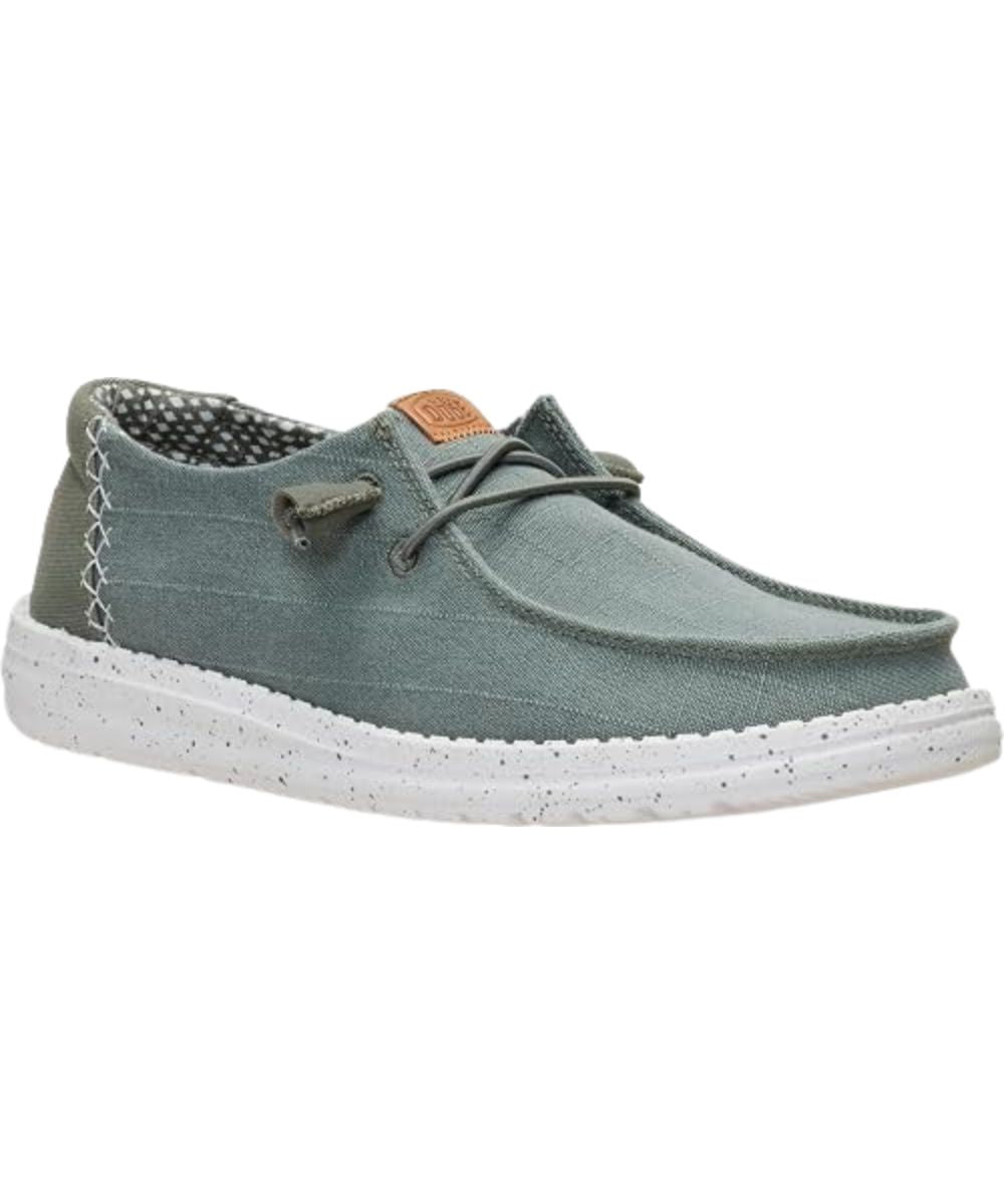 Right angled view of the women's dark olive wendy chambray grid shoe 