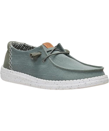 Right angled view of the women's dark olive wendy chambray grid shoe 