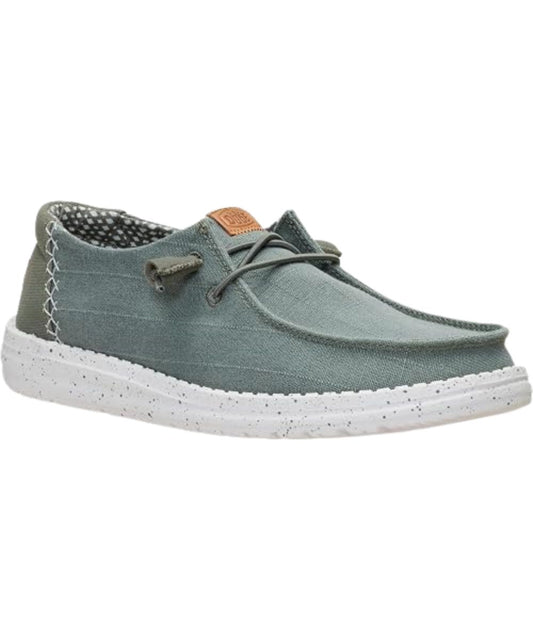 Right angled view of the women's dark olive wendy chambray grid shoe 