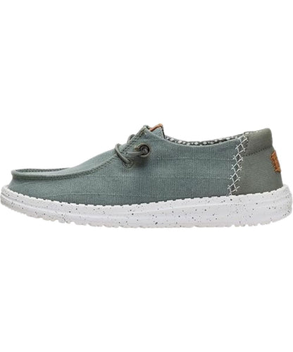 Left side view of the women's dark olive wendy chambray grid shoe