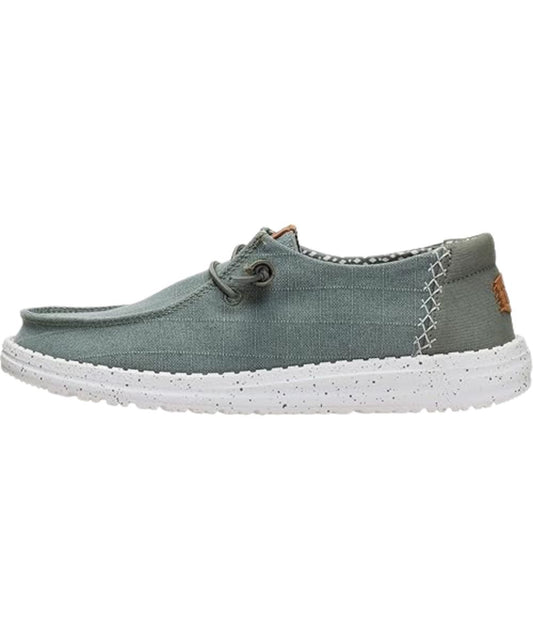Left side view of the women's dark olive wendy chambray grid shoe