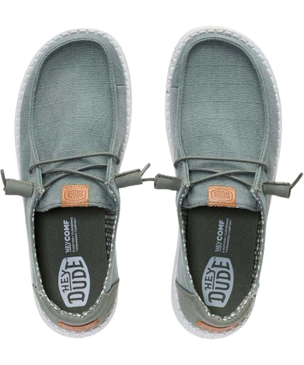 Aeriel view of the women's chambray grid shoe featuring an easy-on system with elastic laces and a moc toe