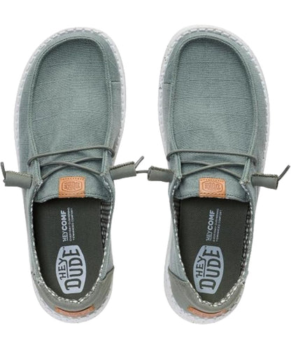 Aeriel view of the women's chambray grid shoe featuring an easy-on system with elastic laces and a moc toe