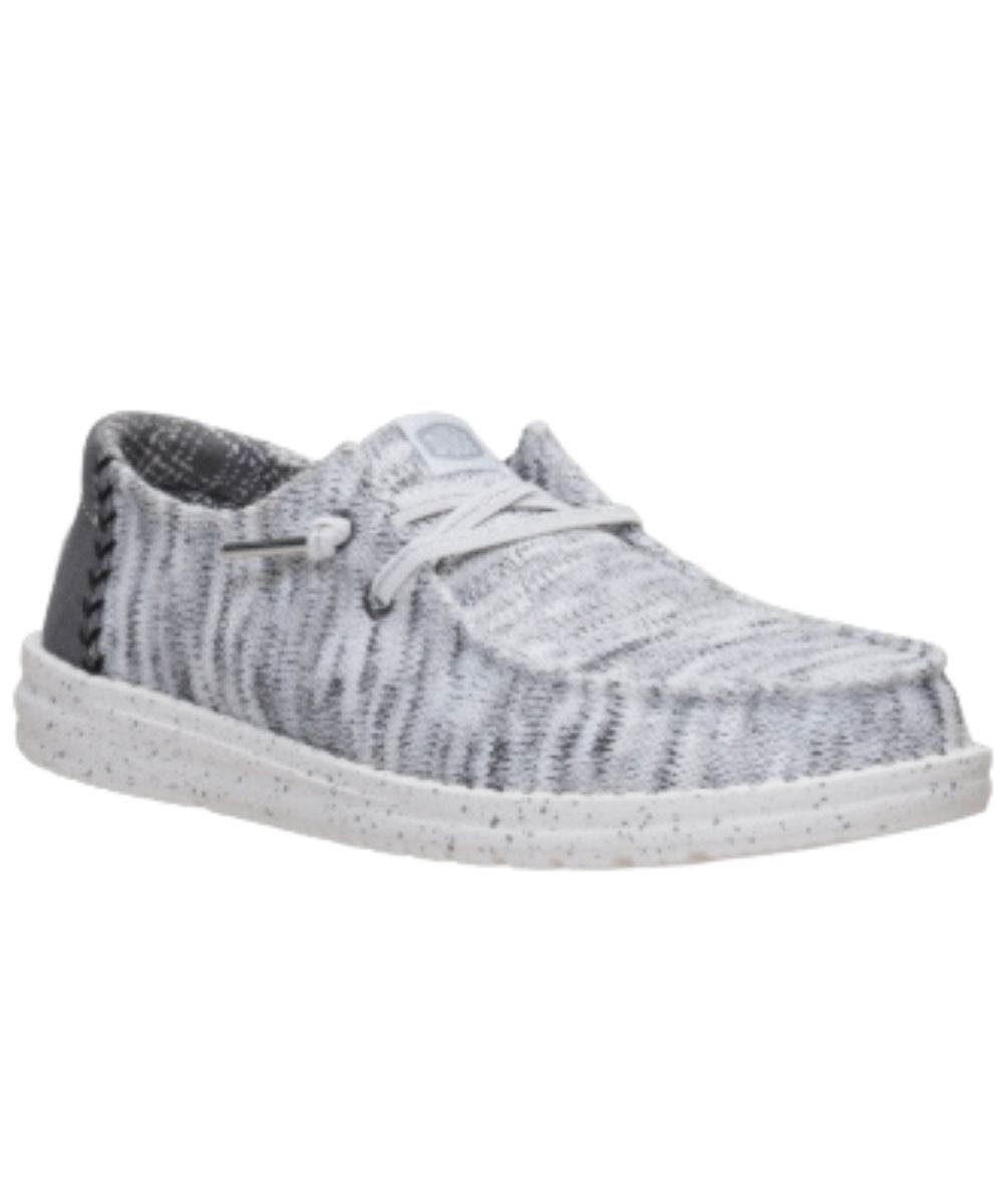 Right angled view of the women's grey wendy knit shimmer shoe