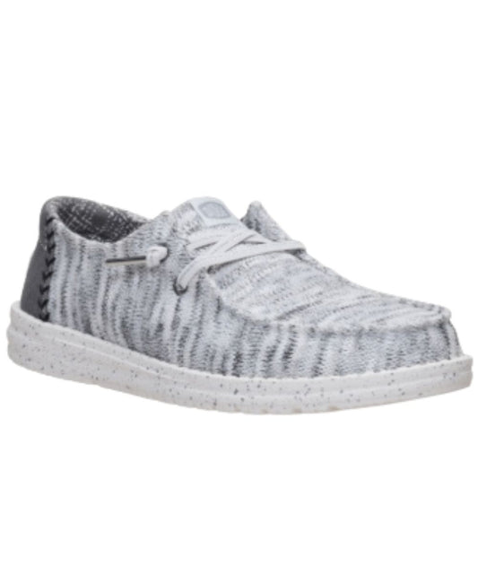 Right angled view of the women's grey wendy knit shimmer shoe