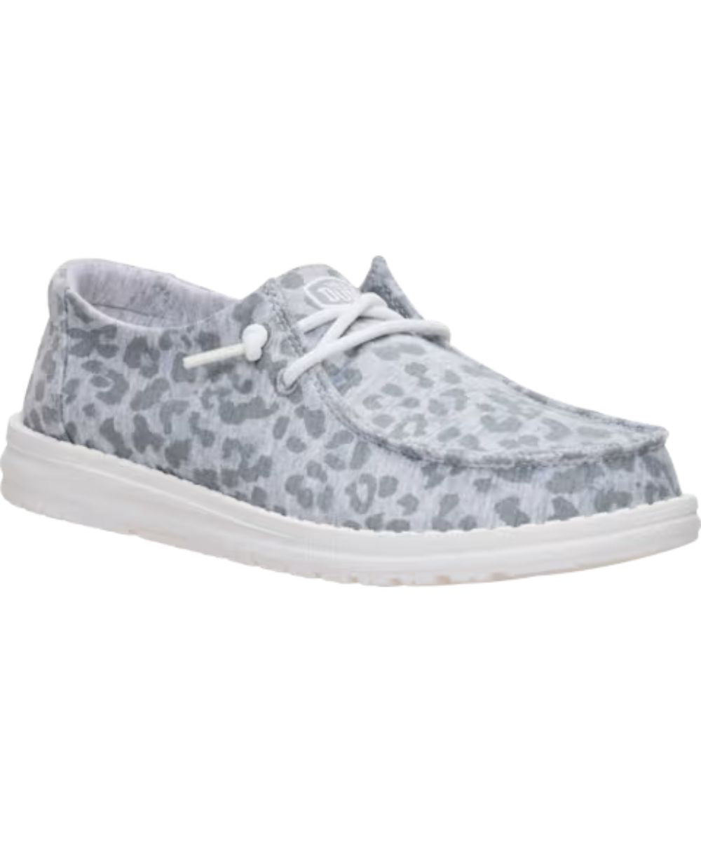 Right angled view of the women's light grey wendy stretch jersey leopard shoe