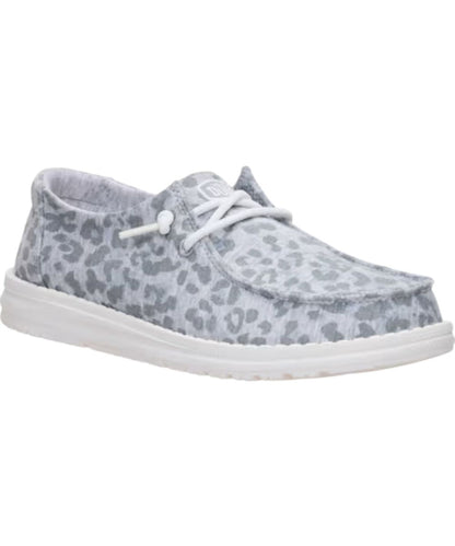 Right angled view of the women's light grey wendy stretch jersey leopard shoe
