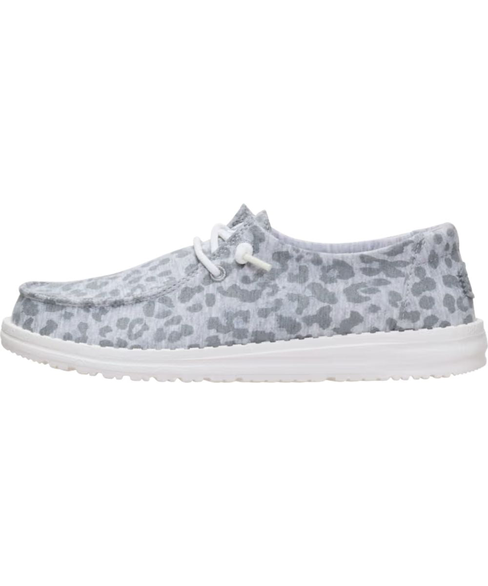 Left side view of the women's light grey wendy stretch jersey leopard shoe