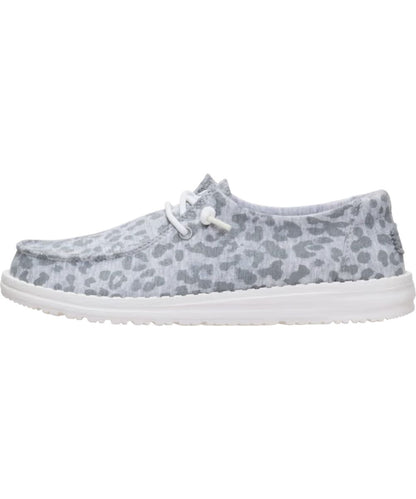 Left side view of the women's light grey wendy stretch jersey leopard shoe