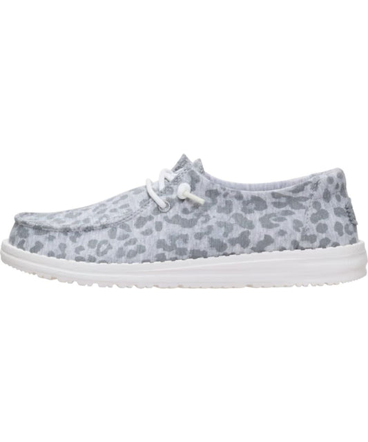 Left side view of the women's light grey wendy stretch jersey leopard shoe