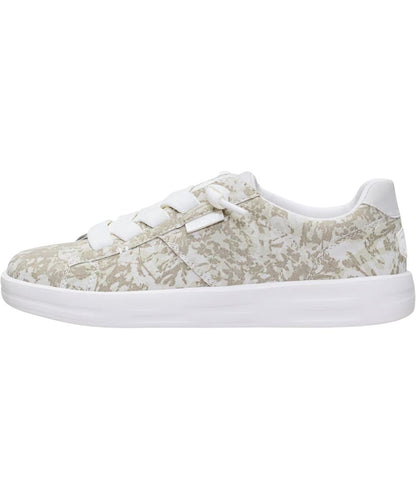 A low-top sneaker with a snow white abstract camo pattern on the upper, white laces, and a thick white sole.