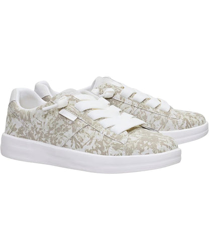A pair of low-top women's Hey Dude sneakers featuring a white camo pattern on the uppers, white elastic laces, and thick white platform soles