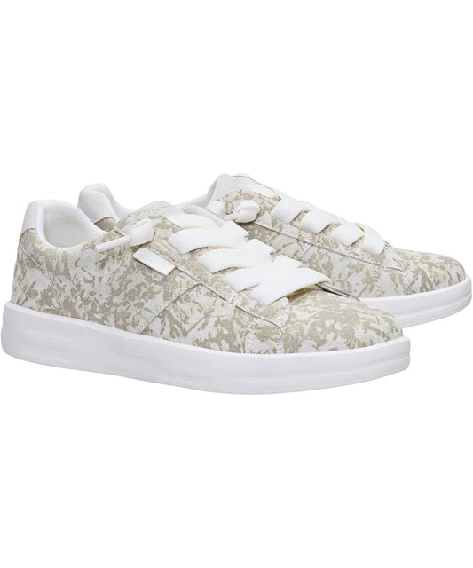 A pair of low-top women's Hey Dude sneakers featuring a white camo pattern on the uppers, white elastic laces, and thick white platform soles