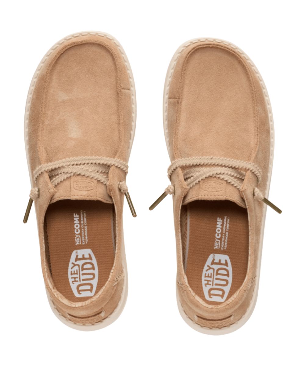 Aeriel view of the women's tan suede wendy shoe featuring the easy-on system with elastic laces and moc toe