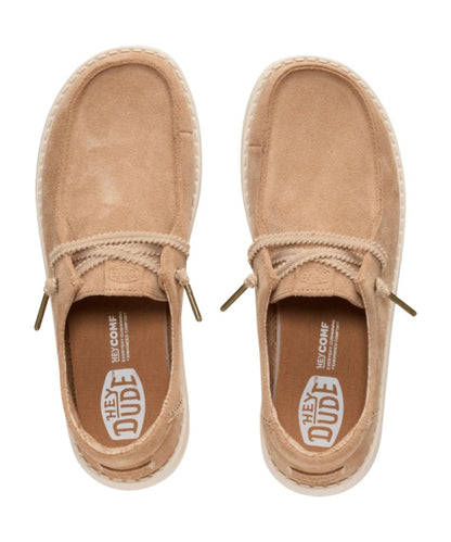 Aeriel view of the women's tan suede wendy shoe featuring the easy-on system with elastic laces and moc toe